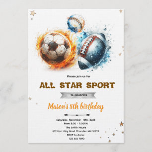 Invitation à une fête de football, baseball et soc