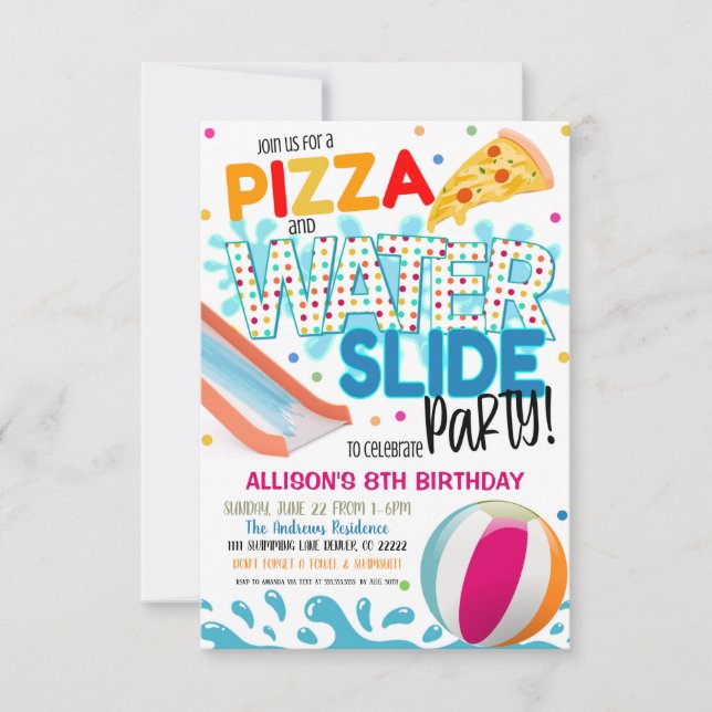 Invitation à une fête de pizza et de toboggan aqua (Devant)