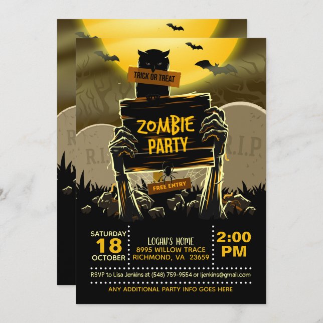 Invitation à une fête Halloween zombie (Devant / Derrière)