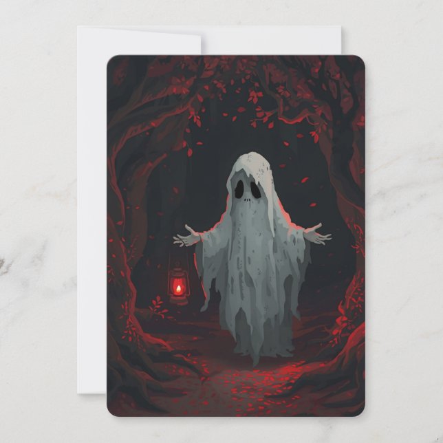 Invitation A white ghost holding a red lantern with red leave (Devant)