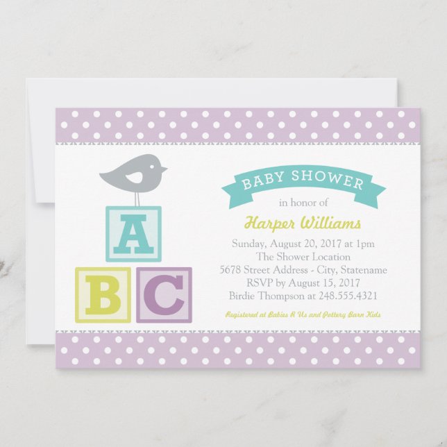 Invitation ABC Alphabet Blocs Lavender Purple Baby shower (Devant)