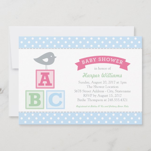 Invitation ABC Alphabet Blocs rose et bleu Baby shower (Devant)