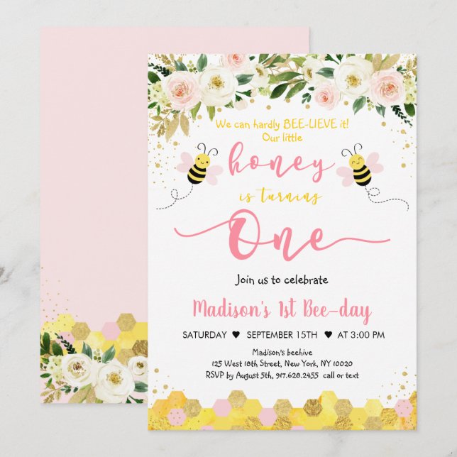 Invitation Abee Rose or Floral Girl Premier anniversaire (Devant / Derrière)