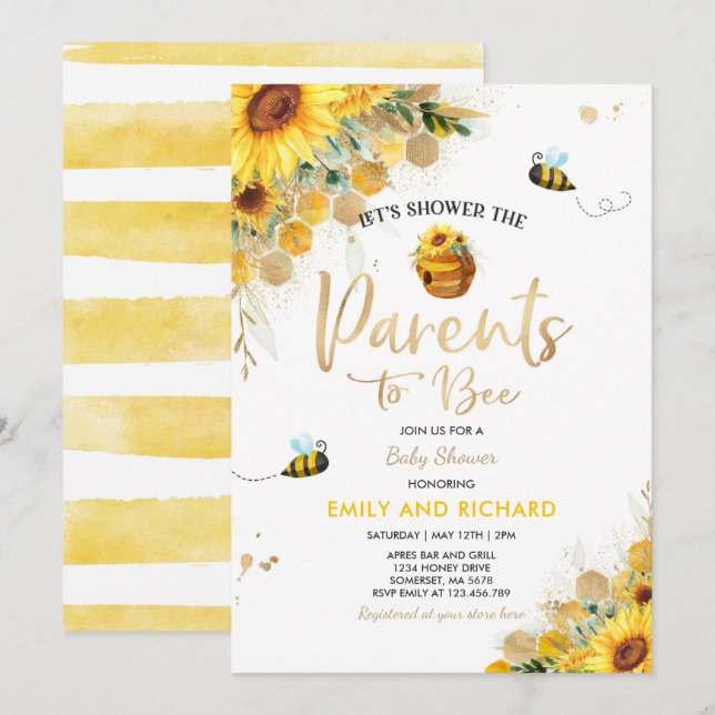 Invitation Abeille Baby shower Parents Neutres Pour Être (Devant / Derrière)