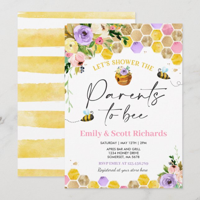 Invitation Abeille Baby shower Rose Floral Parents À Être Béb (Devant / Derrière)