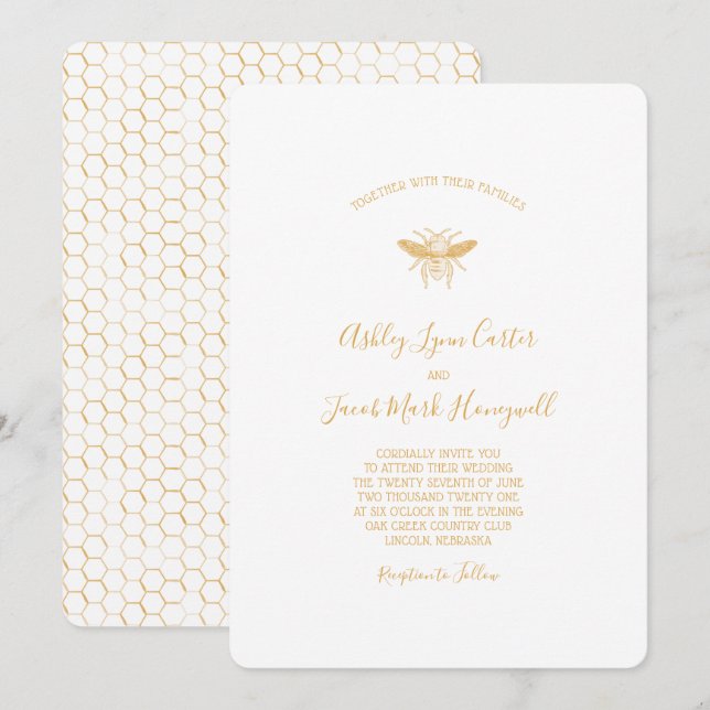 Invitation Abeille et Motif Golden Honeycomb 2 (Devant / Derrière)
