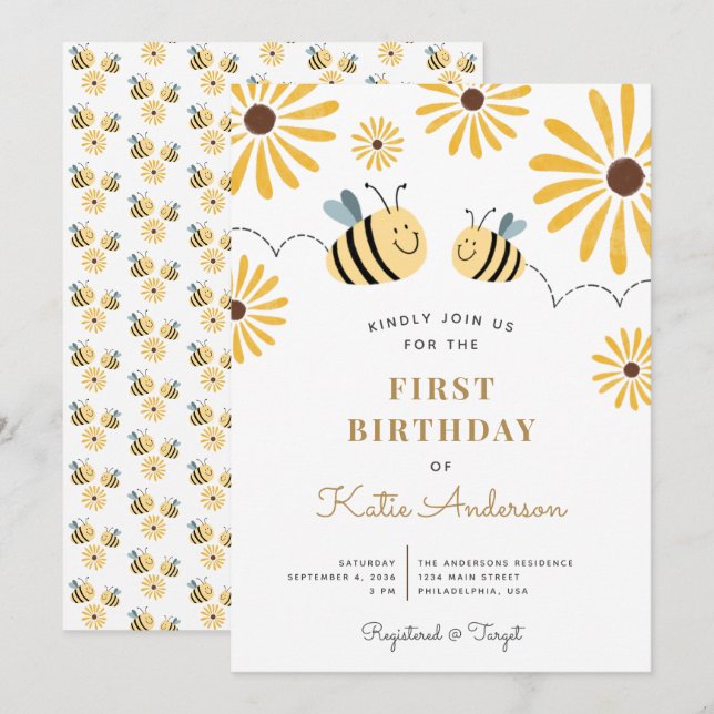 Invitation Abeille jaune et tournesol Chic Premier anniversai (Devant / Derrière)