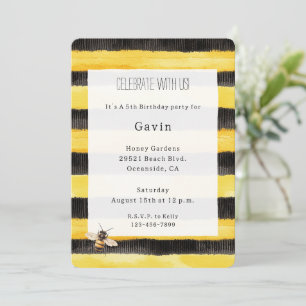 Invitation Abeille Naissance Rayures Noires Or Jaune