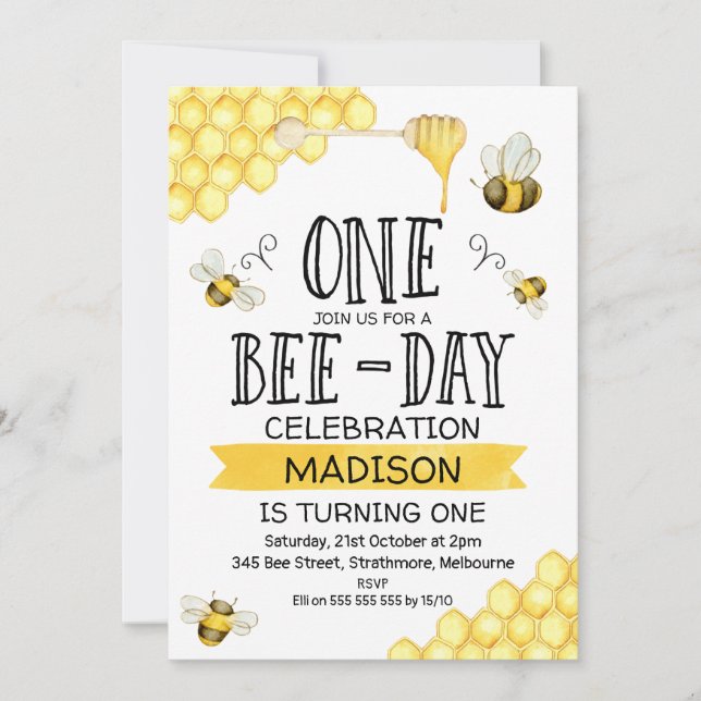 Invitation Abeille Thématique Abee Day First Birthday Invitat (Devant)