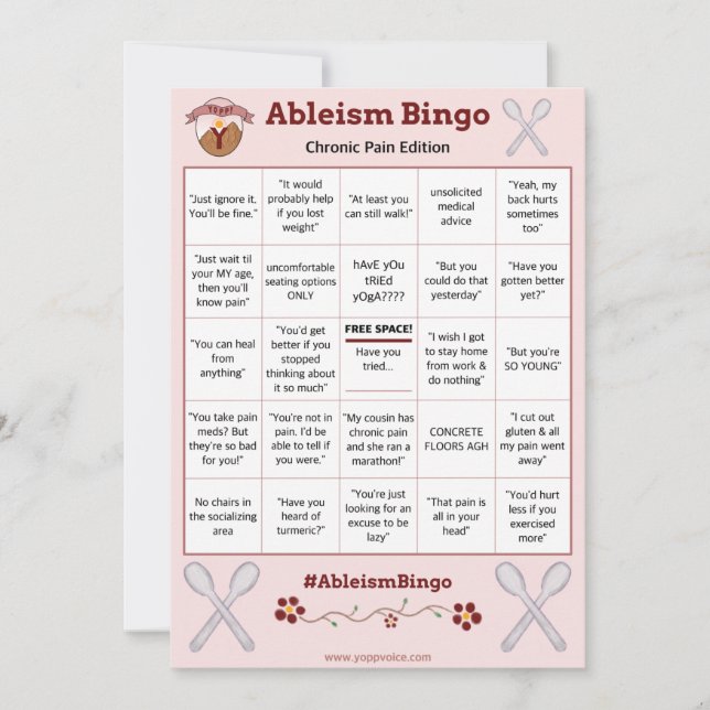 Invitation Ableism Bingo Card Chronic Pain Edition (Devant)