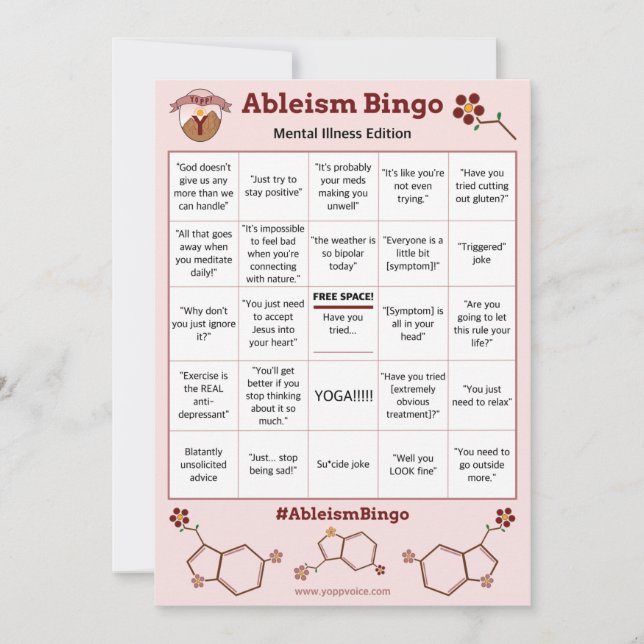 Invitation Ableism Bingo Card Mental Maladie Edition (Devant)