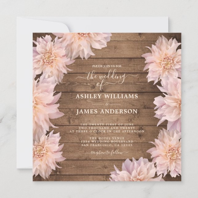 Invitation Abondant Pink Dahlia Fleur Mariage en bois rustiqu (Devant)
