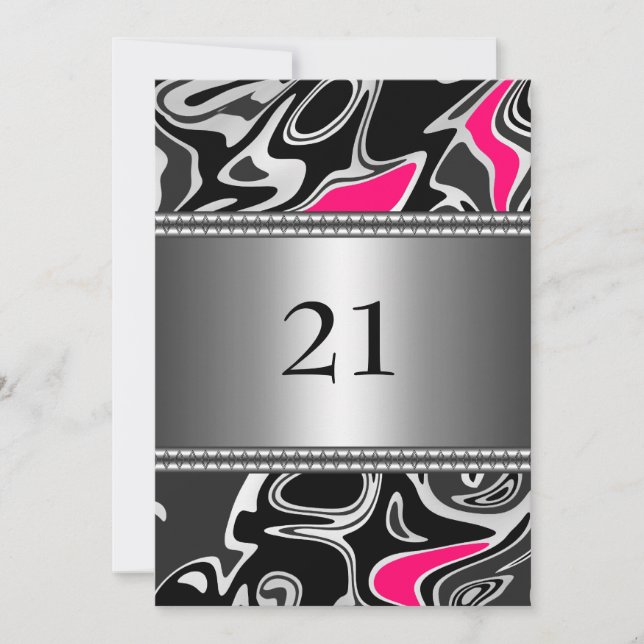 Invitation Abstrait Black White Pink Silver Trim 21e annivers (Devant)