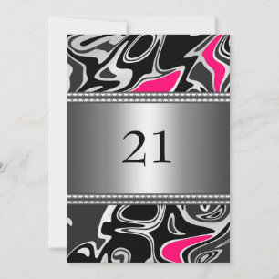 Invitation Abstrait Black White Pink Silver Trim 21e annivers