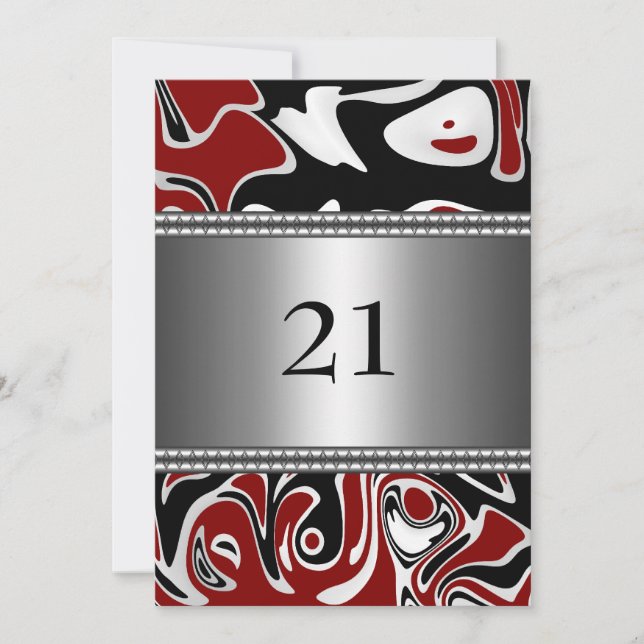 Invitation Abstrait Black White Red Silver Trim 21e anniversa (Devant)