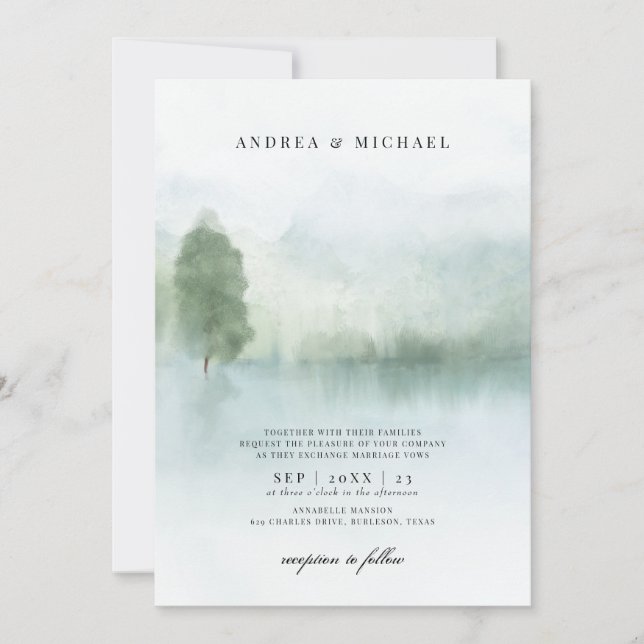 Invitation Abstrait lac d'aquarelle et arbres Mariage (Devant)