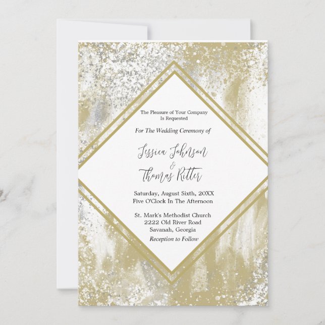 Invitation Abstrait Mariage Gold Frame Silver & Gold Splatter (Devant)