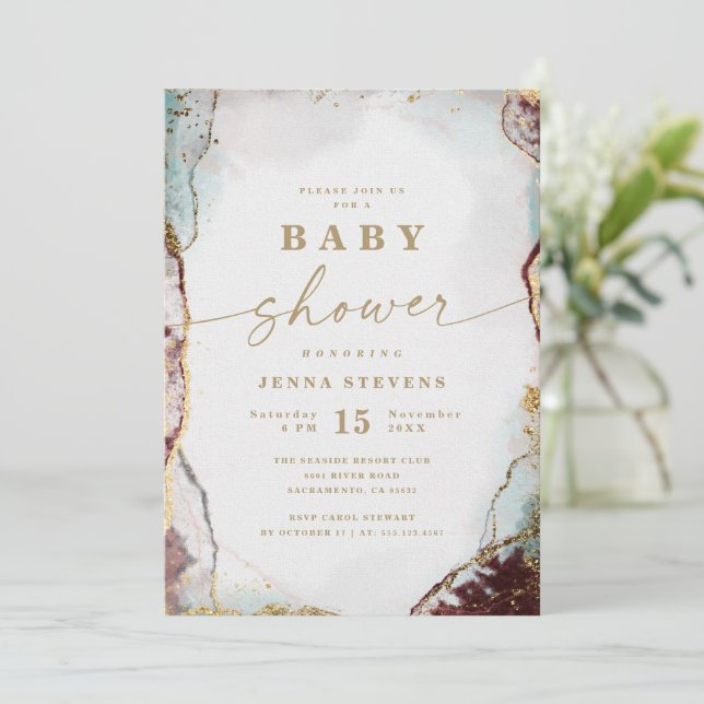 Invitation Abstrait moderne Red Aqua & Gold Baby shower (Debout devant)