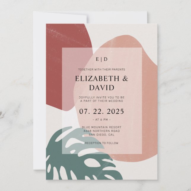Invitation Abstrait Monstera Leaf en terre cuite Mariage mode (Devant)