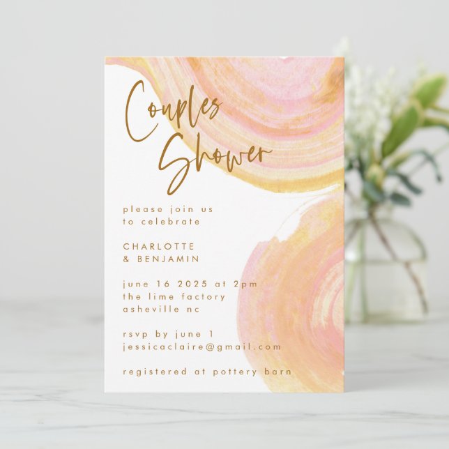 Invitation Abstrait Peach Pink Paint Swirl Couples Douche (Debout devant)