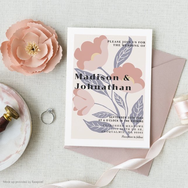 Invitation Abstrait Retro Floral rose & Mariage bleu (Créateur téléchargé)