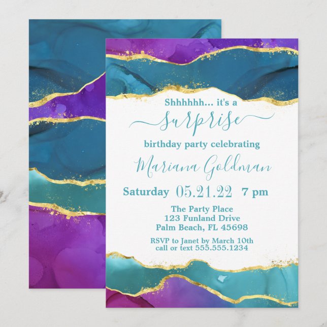 Invitation Abstraite Soie rose Turquoise Gold Surprise Party (Devant / Derrière)
