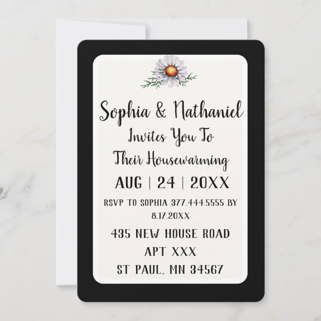 Invitation Accent Floral Noir et Blanc Simple Réchauffement m (Devant)