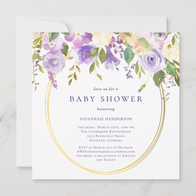 Invitation Accents d'or floral pourpre Baby shower neutre (Devant)