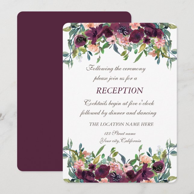 Invitation Accueil Mariage Fleurs Bourgogne Chic (Devant / Derrière)