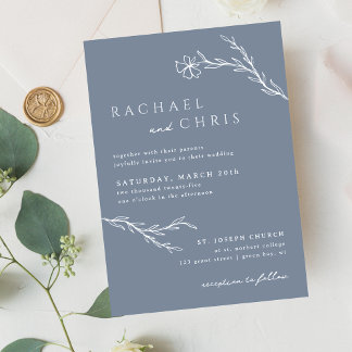 Invitation Acier Dusty Bleu Moderne Stencilé Floral Botanique