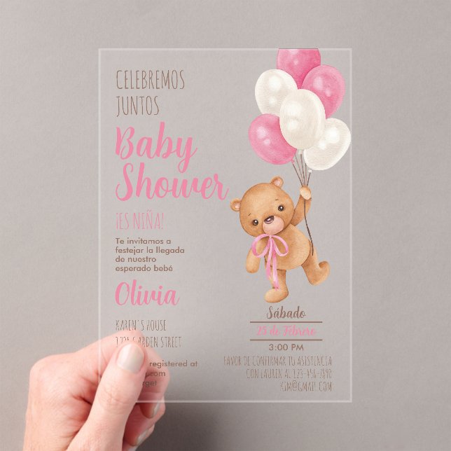 Invitation Acrylique Baby shower Fille Ours Teddy (In situ (ordinateur de poche))