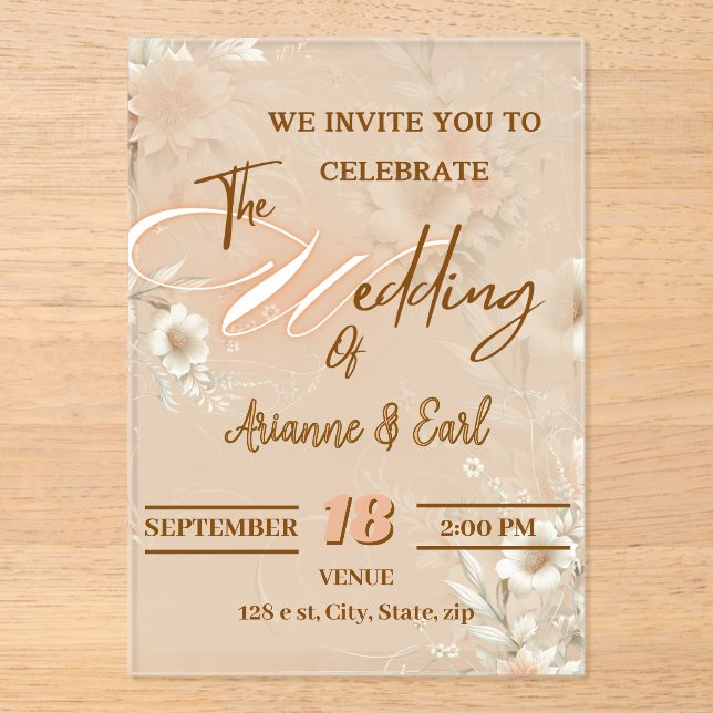 Invitation acrylique Mariage florale élégante (Recto)