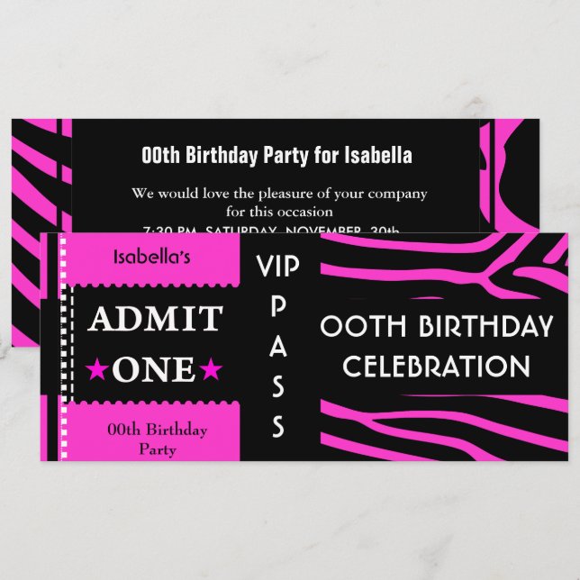 Invitation Admission Anniversaire Zebra Hot Pink Black (Devant / Derrière)