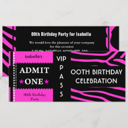 Invitation Admission Anniversaire Zebra Hot Pink Black