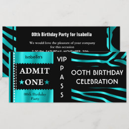 Invitation Admission Anniversaire Zebra Turquoise Blue Black