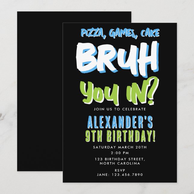 Invitation Ado adolescent de Bruh Boy Bleu Vert anniversaire (Devant / Derrière)