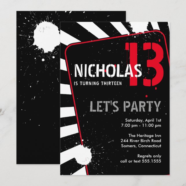Invitation Ado Boy Party | Noir, blanc et rouge (Devant / Derrière)