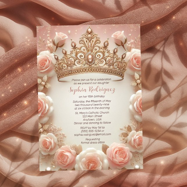 Invitation Ado fille Elegant Blush Rose Couronne Quinceañera (Teen Girl Elegant Blush Roses Crown Quinceañera Invitation)