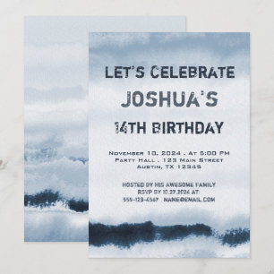 Invitation Ado Garçon Bleu Aquarelle Minimaliste Anniversaire