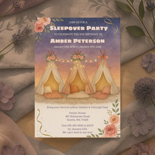 Invitation Adolescent Fille Charmante Slepover fête d'anniver (Teenage Girl Charming Sleepover Birthday Party Invitation)