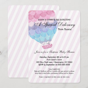 Invitation Adoption Girl Baby shower, ballon à air chaud rose