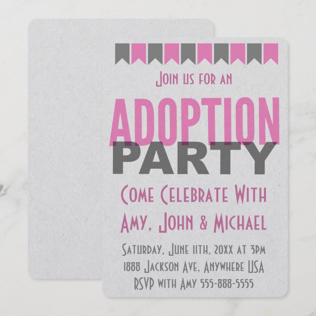Invitation Adoption Party Pink Modern Annonces (Devant / Derrière)