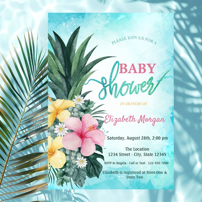 Invitation Adorable ananas Baby shower de fleurs tropicales (Créateur téléchargé)