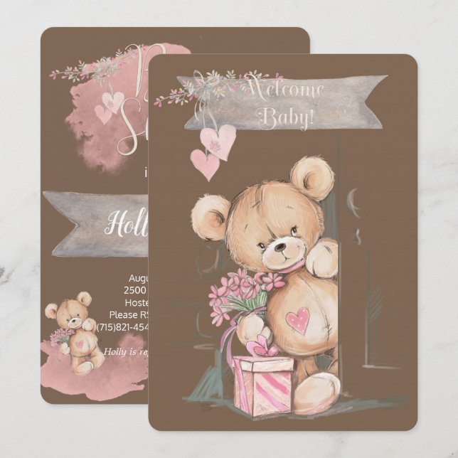 Invitation Adorable Aquarelle Baby shower Ours En Teddy (Devant / Derrière)