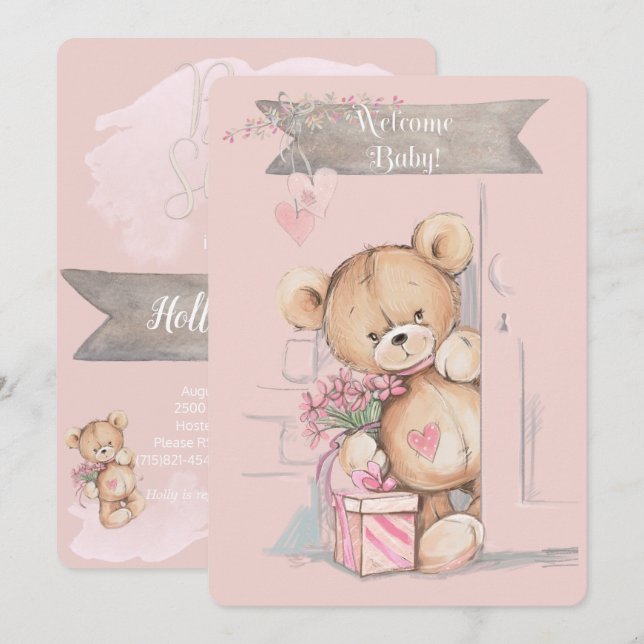 Invitation Adorable Aquarelle Baby shower Ours En Teddy (Devant / Derrière)