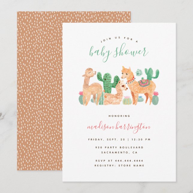 Invitation Adorable Baby shower Alpaca Llama Cactus Boho (Devant / Derrière)