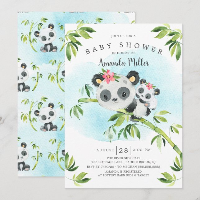 Invitation Adorable Baby shower des filles d'ours de panda (Devant / Derrière)