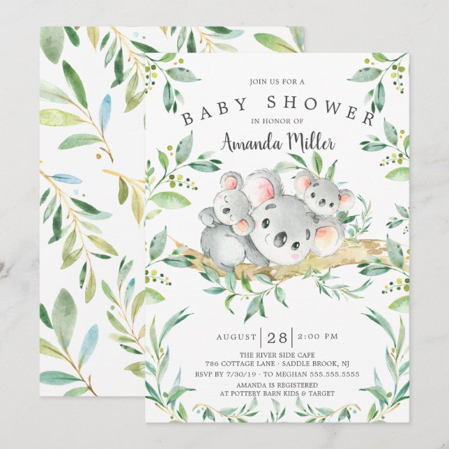 Invitation adorable Baby shower Koala BearTwins (Devant / Derrière)