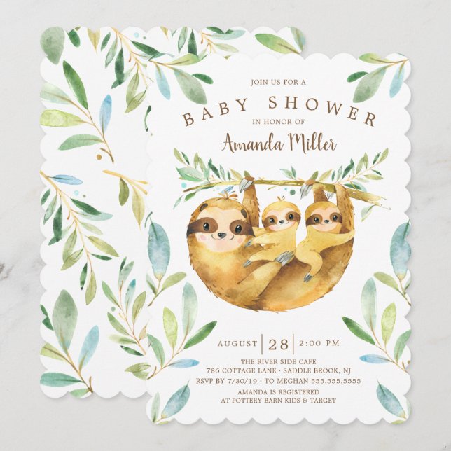 Invitation Adorable Baby shower Sloth Twins (Devant / Derrière)