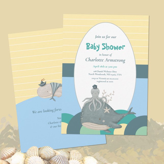 Invitation Adorable Baleine nautique Octopus Baby shower jaun (Adorable Nautical Whale Squid Yellow Baby Shower Invitation ©Susanne Sachers - Sunny Mind Design 🌞)
